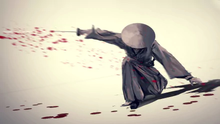 HD desktop wallpaper featuring a dramatic anime samurai scene, with the samurai in action wielding a sword, leaving a trail of blood against a minimalist background.