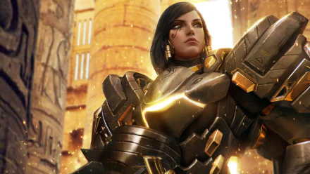 HD desktop wallpaper featuring Pharah from the video game Overwatch, showcasing her in detailed armor with a golden glow, set against a backdrop of ancient pillars and bright sunlight.