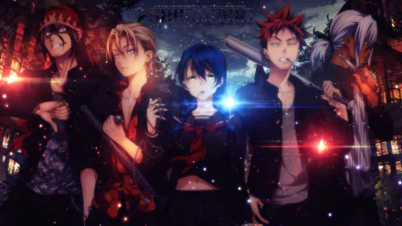 A vibrant HD wallpaper featuring characters Takumi Aldini, Ryō Kurokiba, Akira Hayama, Megumi Tadokoro, and Sōma Yukihira from the anime Food Wars: Shokugeki no Soma.