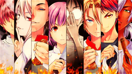 A vibrant HD wallpaper featuring characters from Food Wars: Shokugeki no Soma, including Zenji Marui, Takumi Aldini, Sōma Yukihira, and others, set against a fiery backdrop.