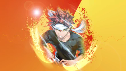 A dynamic HD wallpaper featuring Sōma Yukihira from the anime Food Wars: Shokugeki no Soma, showcasing his intense culinary action against a vibrant orange and yellow backdrop.