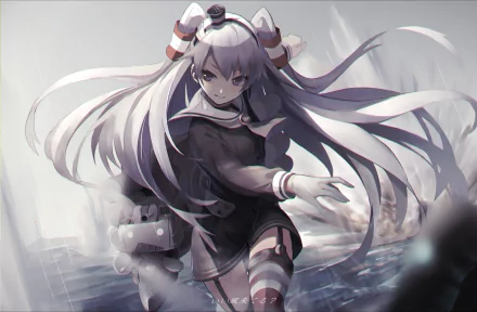 Amatsukaze from KanColle stands confidently in a detailed HD anime wallpaper, showcasing her striking features against a dynamic seascape backdrop.