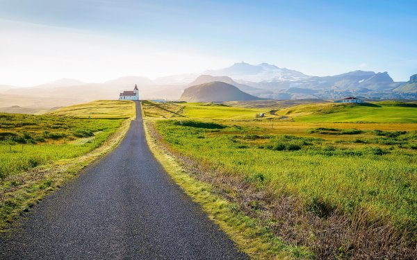 Religious Church Churches Iceland Road Landscape Field HD Wallpaper | Background Image