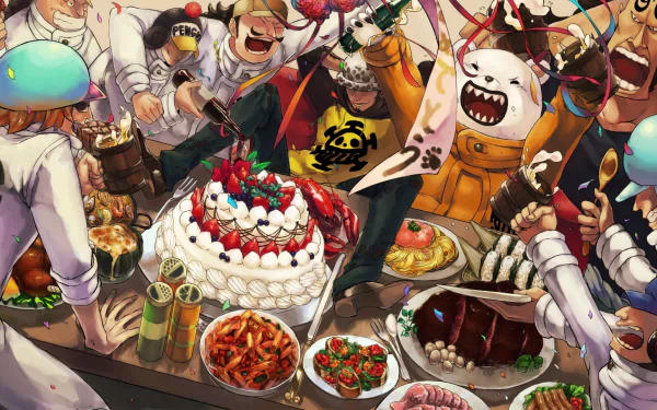 A vibrant HD desktop wallpaper featuring characters from One Piece, including Shachi, Penguin, Jean Bart, Bepo, and Trafalgar Law, enjoying a lively feast together.