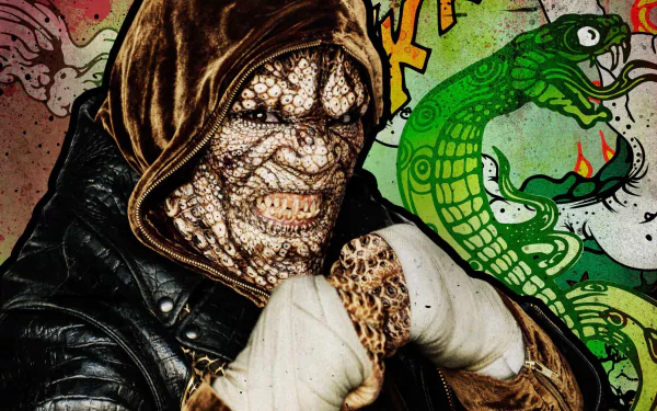 Killer Croc from the movie Suicide Squad, depicted in a dynamic HD desktop wallpaper, showcases his fierce expression and iconic leather jacket against a vibrant background.