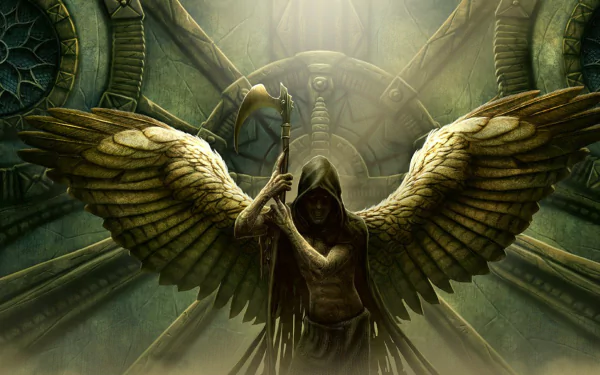 Dark hooded angel with large wings and a scythe stands in a dim, ancient chamber, illuminated by soft, eerie light in this HD PC desktop wallpaper.