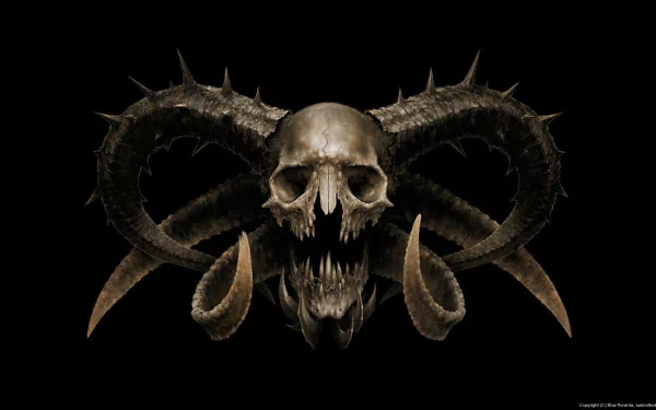 HD desktop wallpaper featuring a dark, evil demon skull with twisted, spiked horns against a black background.