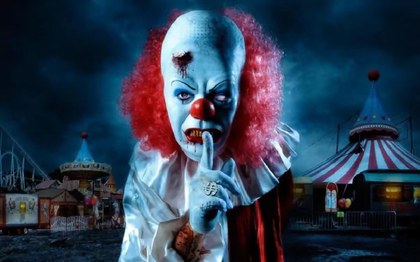 Creepy and dark circus-themed HD wallpaper featuring an evil clown with a bloody wound on its forehead, standing in front of carnival tents at night.