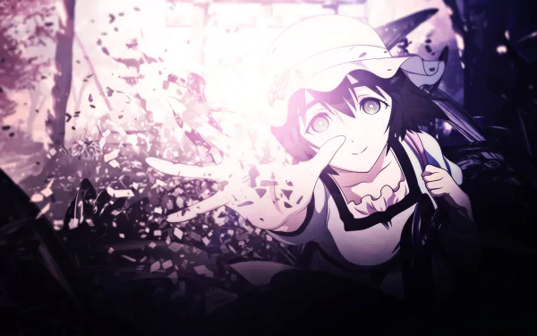 An HD desktop wallpaper featuring Mayuri Shiina from the anime Steins;Gate, reaching out with a hopeful expression against a backdrop of shattered fragments and soft light.