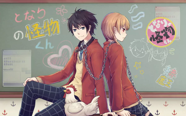 Haru Yoshida and Shizuku Mizutani from My Little Monster (Tonari no Kaibutsu-kun) sit back-to-back in a colorful classroom setting, featuring playful doodles on the chalkboard.