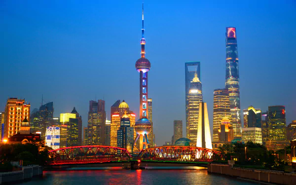 Oriental Pearl Tower building light night skyscraper bridge river China man made Shanghai HD Desktop Wallpaper | Background Image