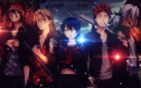 A vibrant HD wallpaper featuring characters Takumi Aldini, Ryō Kurokiba, Akira Hayama, Megumi Tadokoro, and Sōma Yukihira from the anime Food Wars: Shokugeki no Soma.