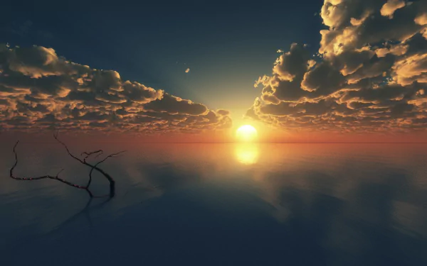 A serene HD desktop wallpaper capturing a sunset over a calm lake with driftwood in the foreground, dramatic clouds, and a glowing sun on the horizon.
