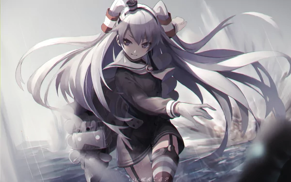 Amatsukaze from KanColle stands confidently in a detailed HD anime wallpaper, showcasing her striking features against a dynamic seascape backdrop.