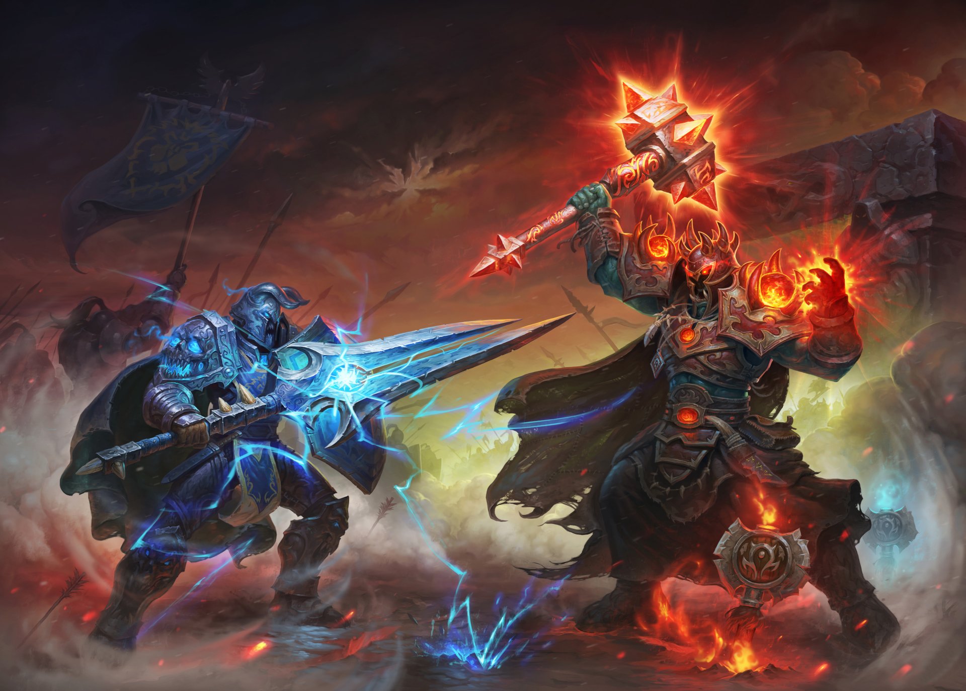 A striking HD wallpaper featuring two fierce warriors from World of Warcraft, wielding a sword and axe, clad in armor, engaged in an epic battle amidst a fiery backdrop.