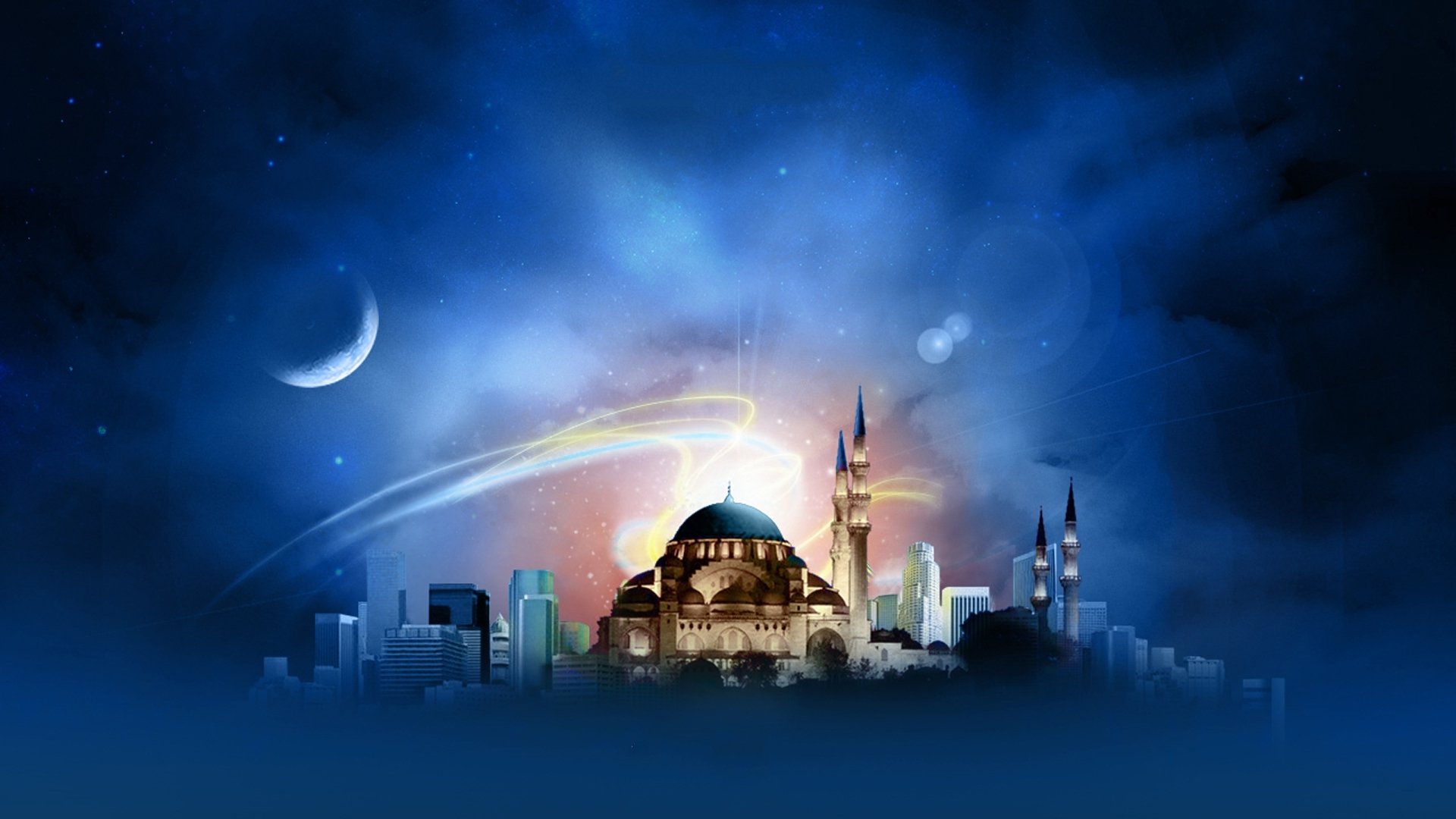 HD desktop wallpaper featuring a beautifully illuminated mosque under a crescent moon against a mystical night sky with cityscape silhouettes in the background.