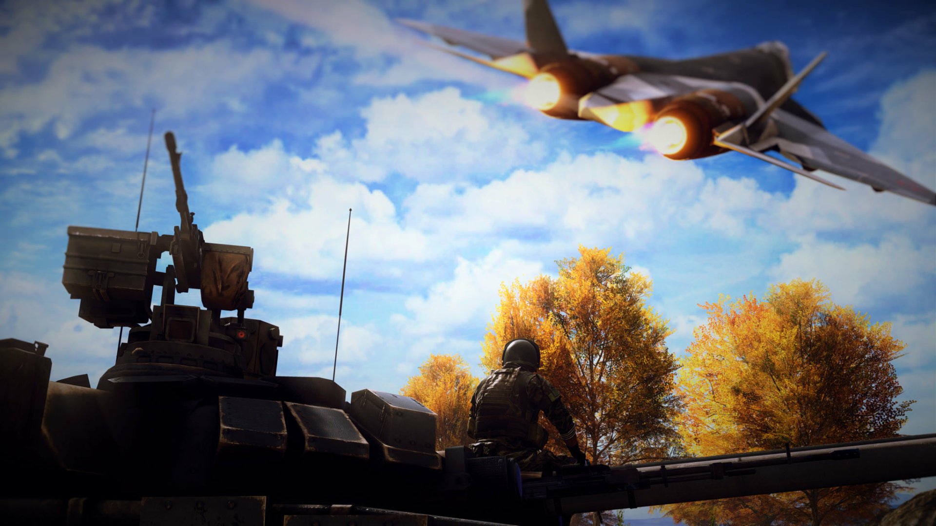 Battlefield 4 video game HD PC desktop wallpaper: jet fighter streaks overhead while a soldier on a tank scans autumn trees beneath a bright sky.