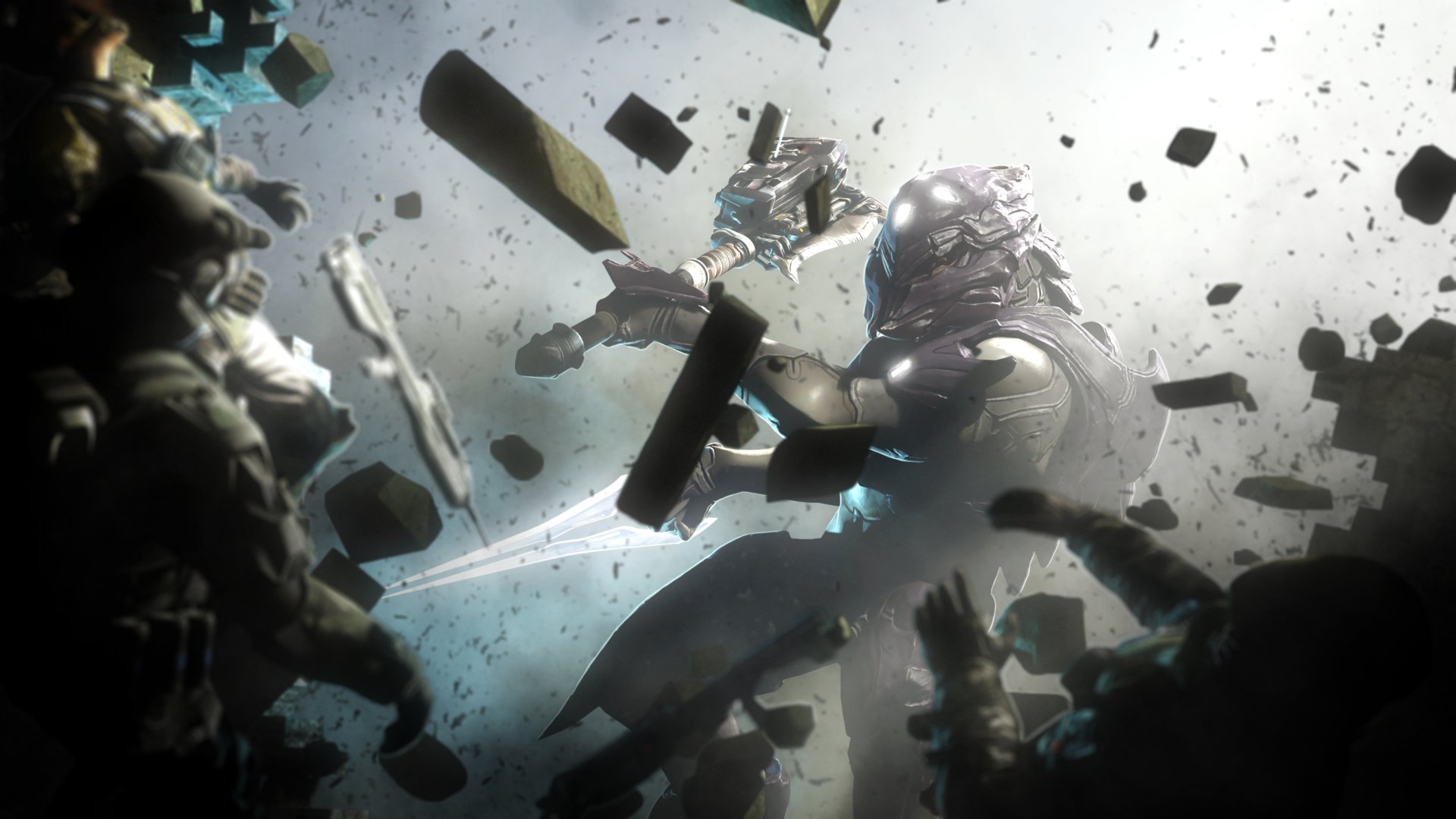 A dynamic scene from Halo Wars 2, featuring a warrior battling through debris, showcasing intense action and dramatic lighting in this HD PC desktop wallpaper.