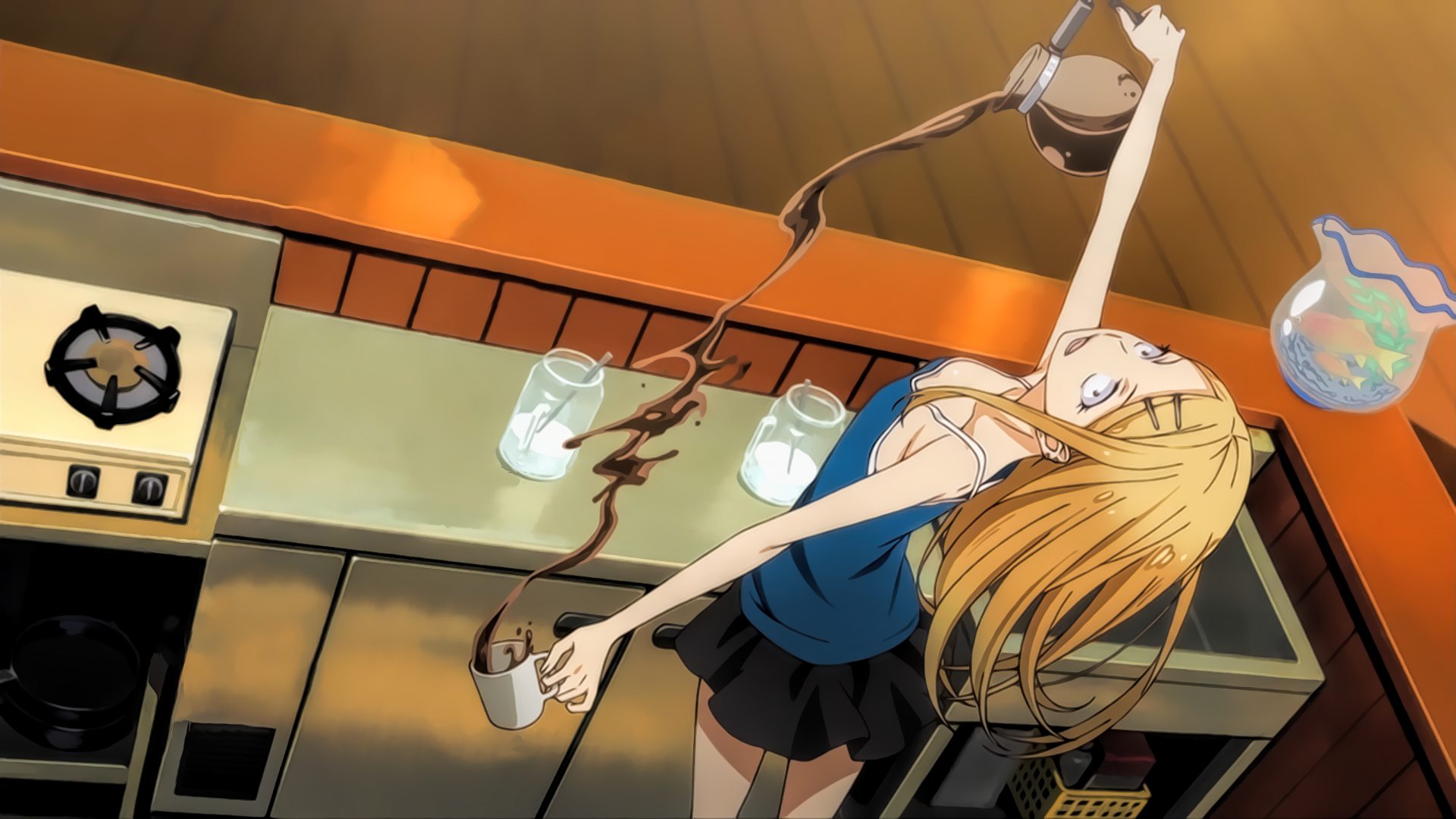 A vibrant HD wallpaper featuring Endou Saya from the anime Dagashi Kashi, captured mid-action pouring coffee in a cozy kitchen setting.