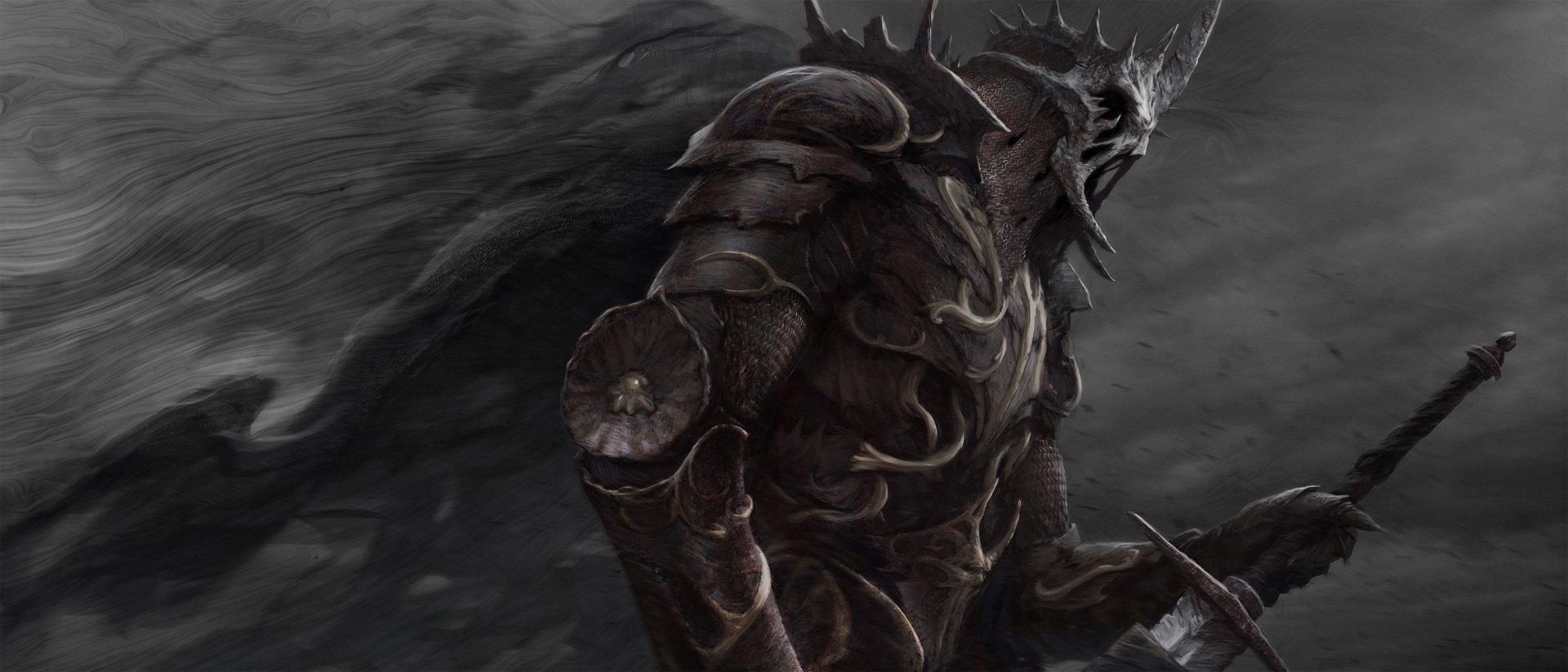 Dark armored warrior resembling a knight from The Lord of the Rings, set against a dramatic, stormy backdrop in a high-definition PC desktop wallpaper.