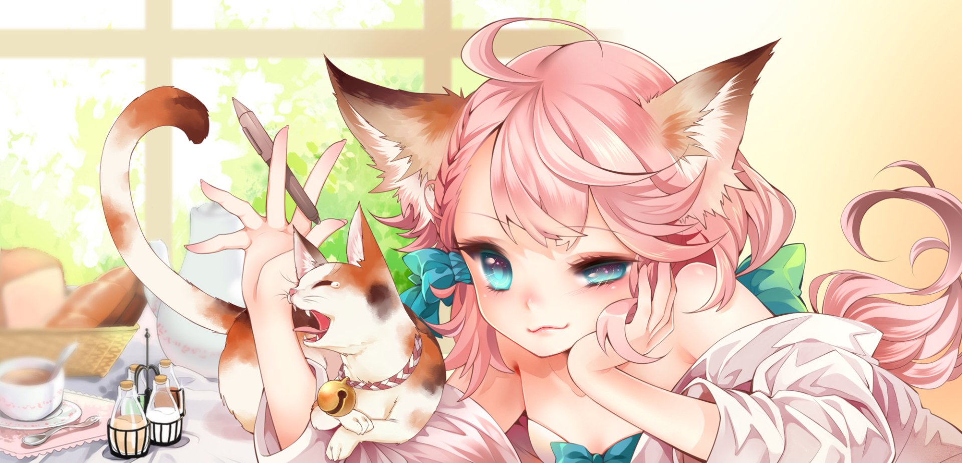 Download Pen Tea Cup Drink Cat Cat Girl Animal Ears Smile Blue Eyes Pink Hair Long Hair Anime Girl Anime Girl  Wallpaper