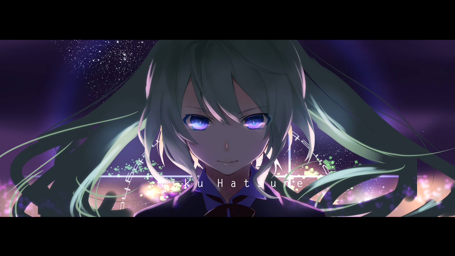 HD PC desktop wallpaper featuring Hatsune Miku, the iconic Vocaloid anime character, with glowing blue eyes and dynamic lighting effects in a dark, vibrant setting.