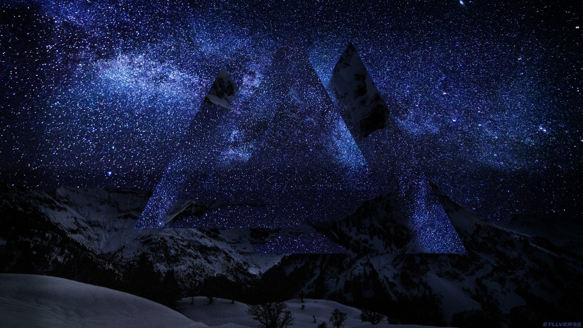 HD artistic desktop wallpaper of a dark mountain landscape at night with a symmetrical, translucent triangular shape blending into a star-filled sky.