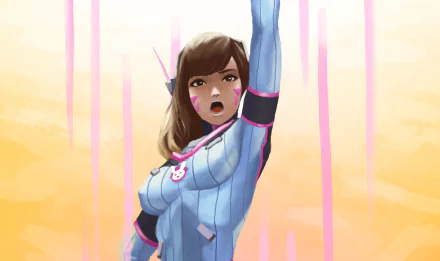 HD PC desktop wallpaper featuring D.Va from the video game Overwatch, showcasing her in a dynamic pose with a soft pastel background.