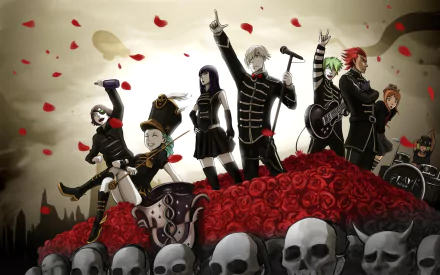 An anime crossover scene features a dynamic group of characters performing on a mound of roses and skulls, creating a striking and vibrant HD desktop wallpaper.