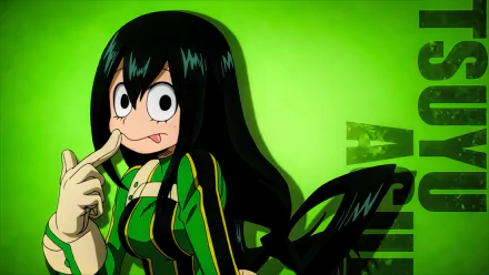 HD desktop wallpaper featuring Tsuyu Asui from My Hero Academia. The character stands against a vibrant green background with her name subtly incorporated on the side.