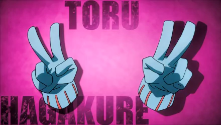 A vibrant HD wallpaper featuring Toru Hagakure from My Hero Academia. The background showcases her iconic peace sign gesture against a bold pink backdrop.