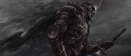 Dark armored warrior resembling a knight from The Lord of the Rings, set against a dramatic, stormy backdrop in a high-definition PC desktop wallpaper.