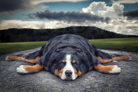 A funny Bernese Mountain Dog lies flat on a road against a scenic backdrop of green fields and cloudy skies, captured in stunning 4K Ultra HD detail.