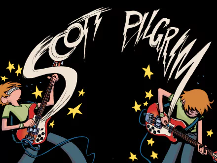 HD PC desktop wallpaper featuring Scott Pilgrim comic art with dynamic lettering and characters playing guitars against a black background with yellow stars.