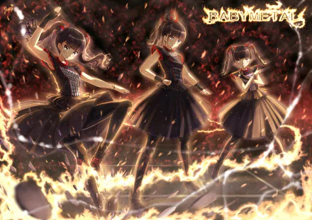 A dynamic HD wallpaper featuring Babymetal, blending elements of Japanese culture with heavy metal music. The trio showcases energetic poses amidst a fiery backdrop.