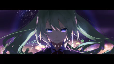 HD PC desktop wallpaper featuring Hatsune Miku, the iconic Vocaloid anime character, with glowing blue eyes and dynamic lighting effects in a dark, vibrant setting.