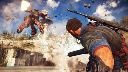 Rico Rodriguez from Just Cause 3 battles a giant mech in an explosive scene from Just Cause 3: Mech Land Assault, captured as an HD PC desktop wallpaper.