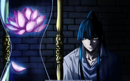 HD PC desktop wallpaper featuring Yu Kanda from the anime D.Gray-man, depicted with intense expression against a dark brick background and a glowing lotus flower.