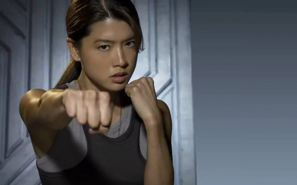 A determined character from Battlestar Galactica (2003) throws a punch, showcasing strength and focus. This HD wallpaper is a striking background for fans of the TV show.