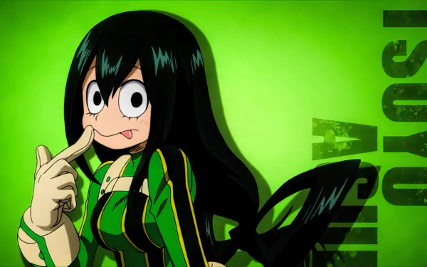 HD desktop wallpaper featuring Tsuyu Asui from My Hero Academia. The character stands against a vibrant green background with her name subtly incorporated on the side.