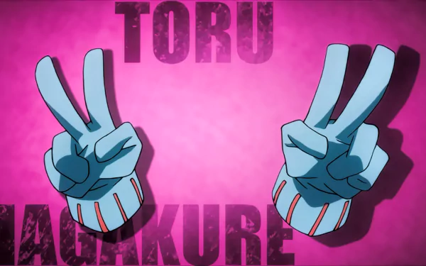 A vibrant HD wallpaper featuring Toru Hagakure from My Hero Academia. The background showcases her iconic peace sign gesture against a bold pink backdrop.