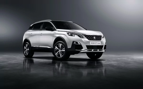 Silver Peugeot 3008 SUV showcased against a sleek, dark backdrop in 4K Ultra HD quality, highlighting its modern design and vehicle details.