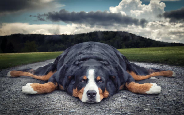 A funny Bernese Mountain Dog lies flat on a road against a scenic backdrop of green fields and cloudy skies, captured in stunning 4K Ultra HD detail.
