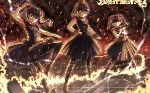 A dynamic HD wallpaper featuring Babymetal, blending elements of Japanese culture with heavy metal music. The trio showcases energetic poses amidst a fiery backdrop.