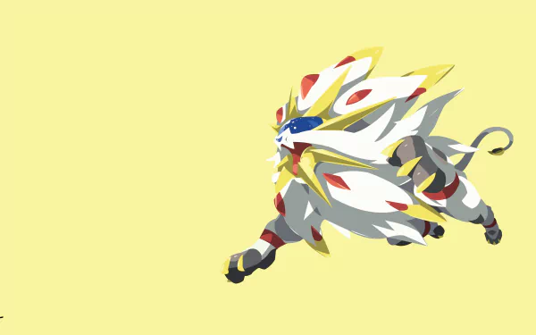 A minimalist HD wallpaper featuring Solgaleo from Pokémon Sun and Moon, showcasing the legendary Pokémon in dynamic motion against a soft yellow background.