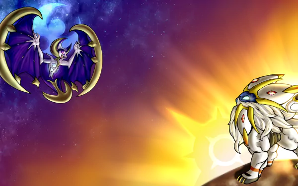 HD desktop wallpaper featuring Lunala and Solgaleo from Pokémon: Sun and Moon. Lunala soars in front of a night sky, while Solgaleo stands against a radiant sunrise.