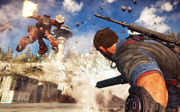 Rico Rodriguez from Just Cause 3 battles a giant mech in an explosive scene from Just Cause 3: Mech Land Assault, captured as an HD PC desktop wallpaper.