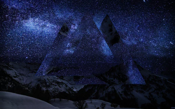 HD artistic desktop wallpaper of a dark mountain landscape at night with a symmetrical, translucent triangular shape blending into a star-filled sky.