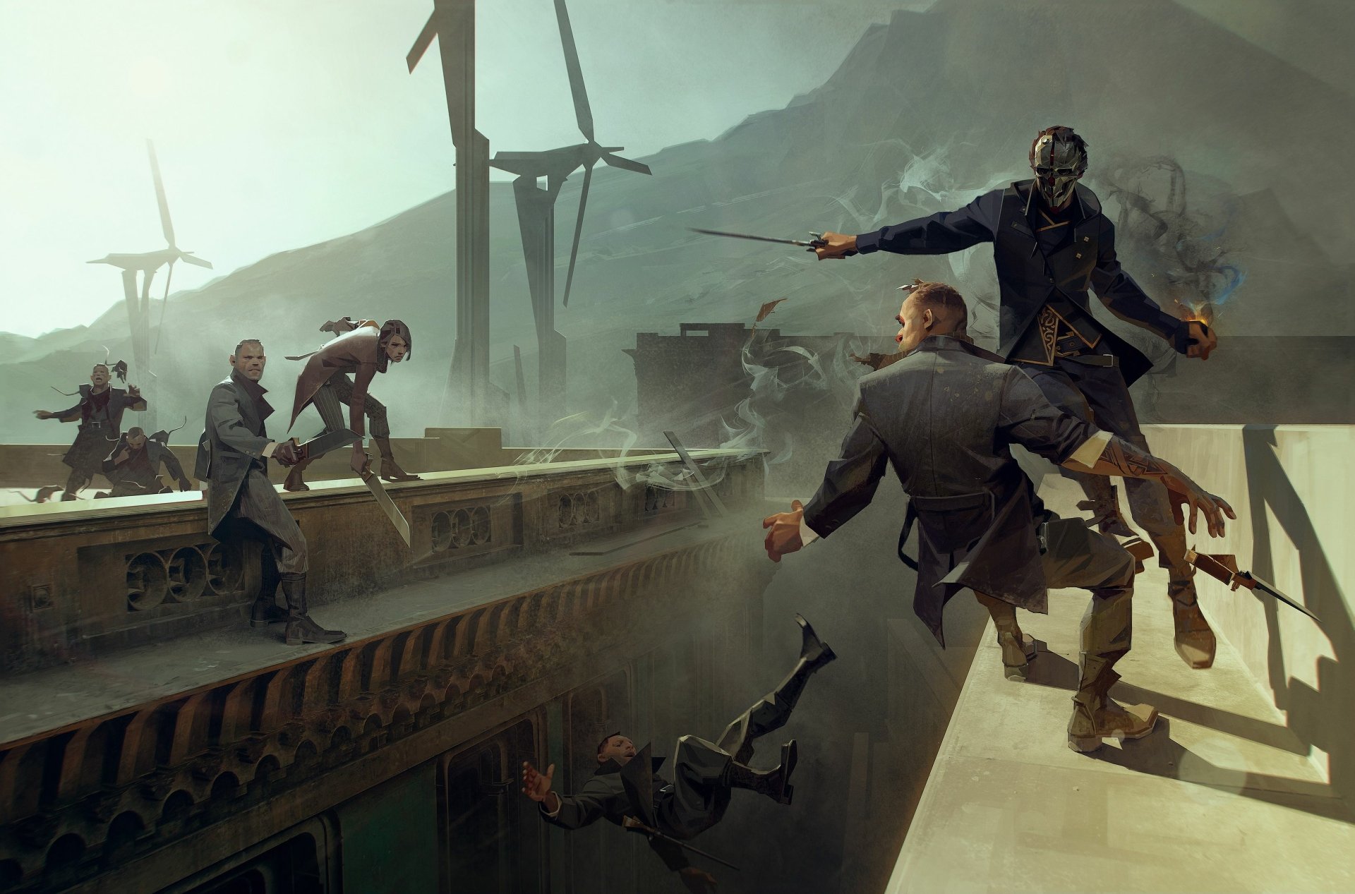 A dynamic scene from Dishonored 2 featuring intense action atop a building, with characters engaged in combat against a backdrop of mountains and wind turbines. HD PC desktop wallpaper.