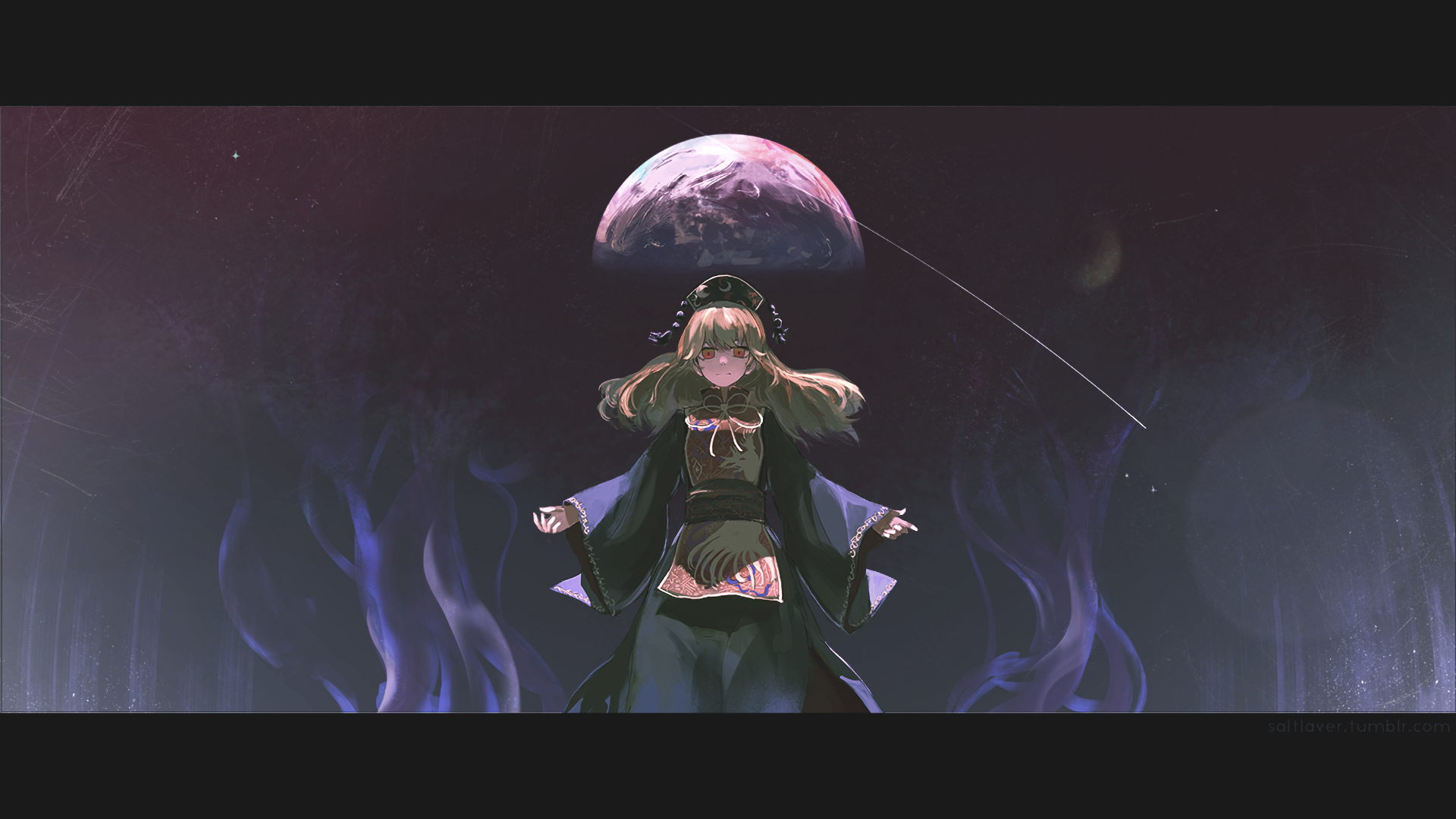 HD PC desktop wallpaper of Junko from Touhou: anime-style character in dark dress and bonnet standing amid purple flames with a large planet looming in the starry background.